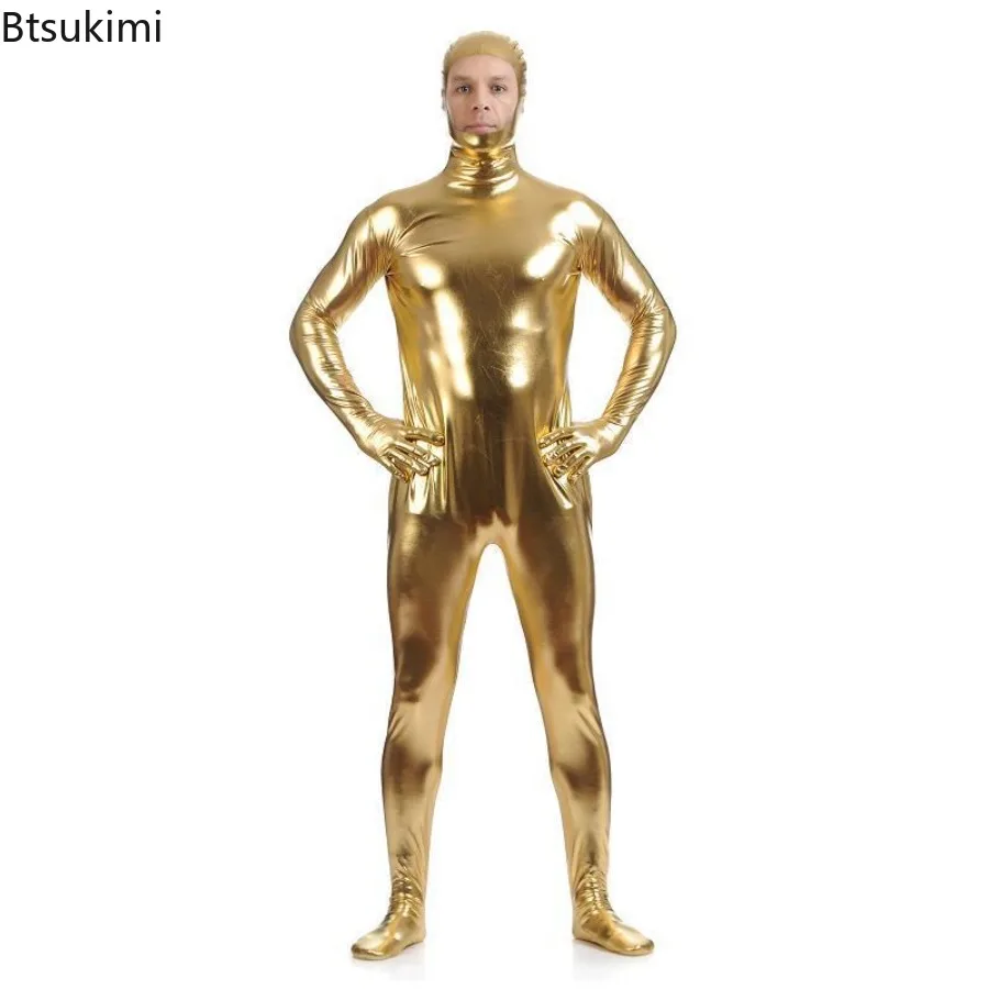 

New Fashion Full Bodysuit Open Face Back Zipper Jumpsuits Shiny Material Catsuit for Stage Shows Themed Party Cosplay Costumes