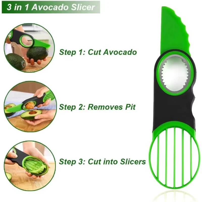 3 in 1 Avocado Slicer Cutter and Pitter Stainless Steel Avocado Peeler Fruit Slicer Kitchen Gadget for Avocado Kiwi Pitaya