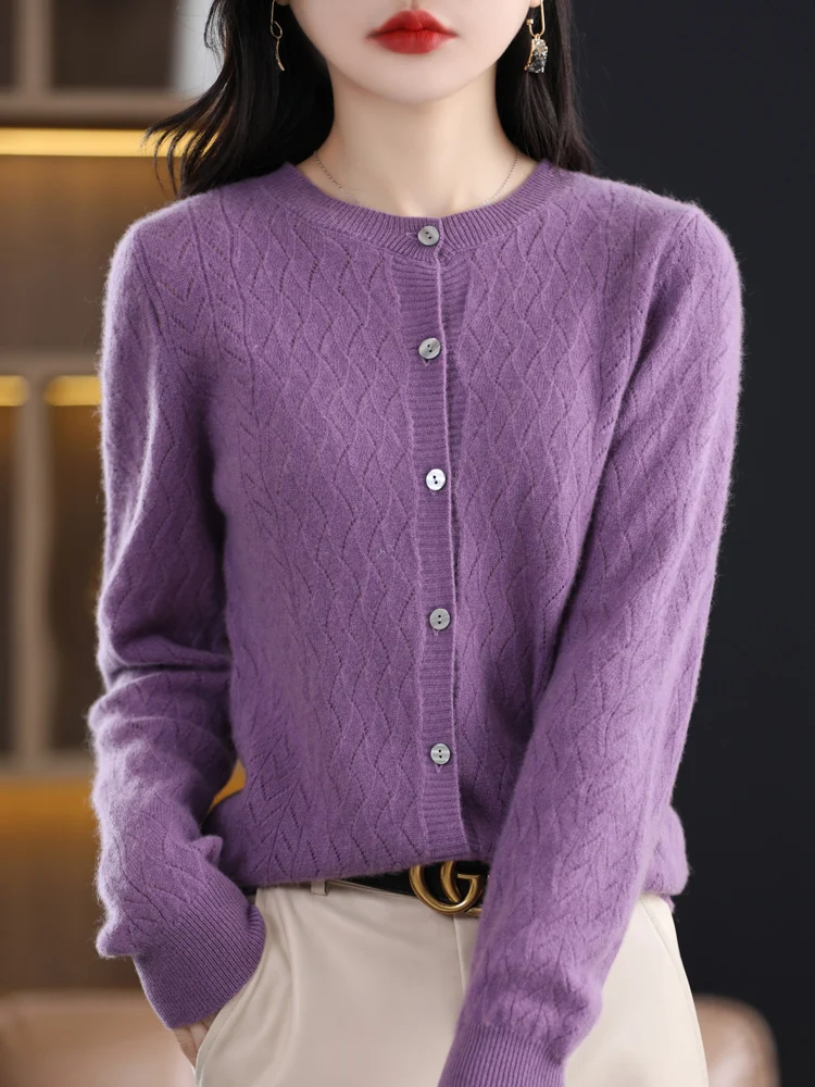 New 100% Merino Wool Sweater Women Cashmere Cardigan O-neck Hollow Out Wave Cut Knitwear Grace Fashion Comfortable Clothing Tops