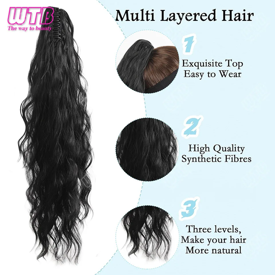 وصلة شعر صناعية على شكل ذيل حصان بمخلب طويل مموج مائي 26 بوصة من الألياف المقاومة للحرارة، قطعة شعر صناعية للنساء والفتيات #3