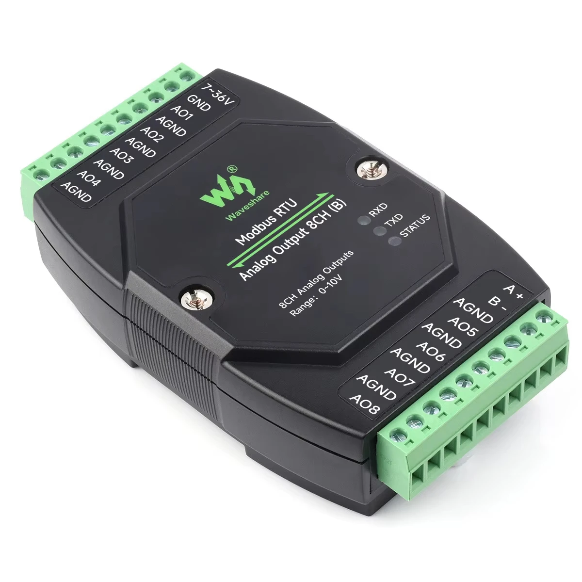Modbus RTU Analog Output 8CH Waveshare Industrial Module DC 7~36V Wide Voltage Power Supply, Supports 8-ch Simultaneous Voltage