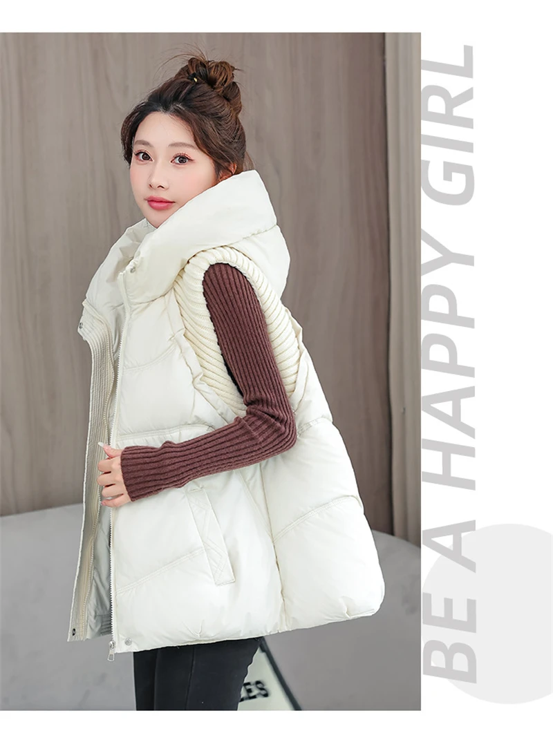 A-word Vest Down Cotton Padded Jackets Short Waistcoat Mid-Length Slim Hooded Autumn Winter Jackets Solid Women's Coats Trend