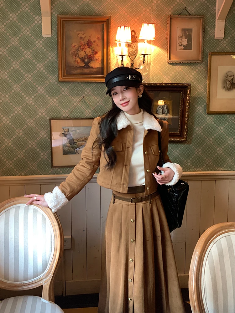 

Chen DaYu женское замшевое пальто и плиссированная юбка, комплект из двух предметов, осенне-зимний модный повседневный костюм из мягкого меха ягненка