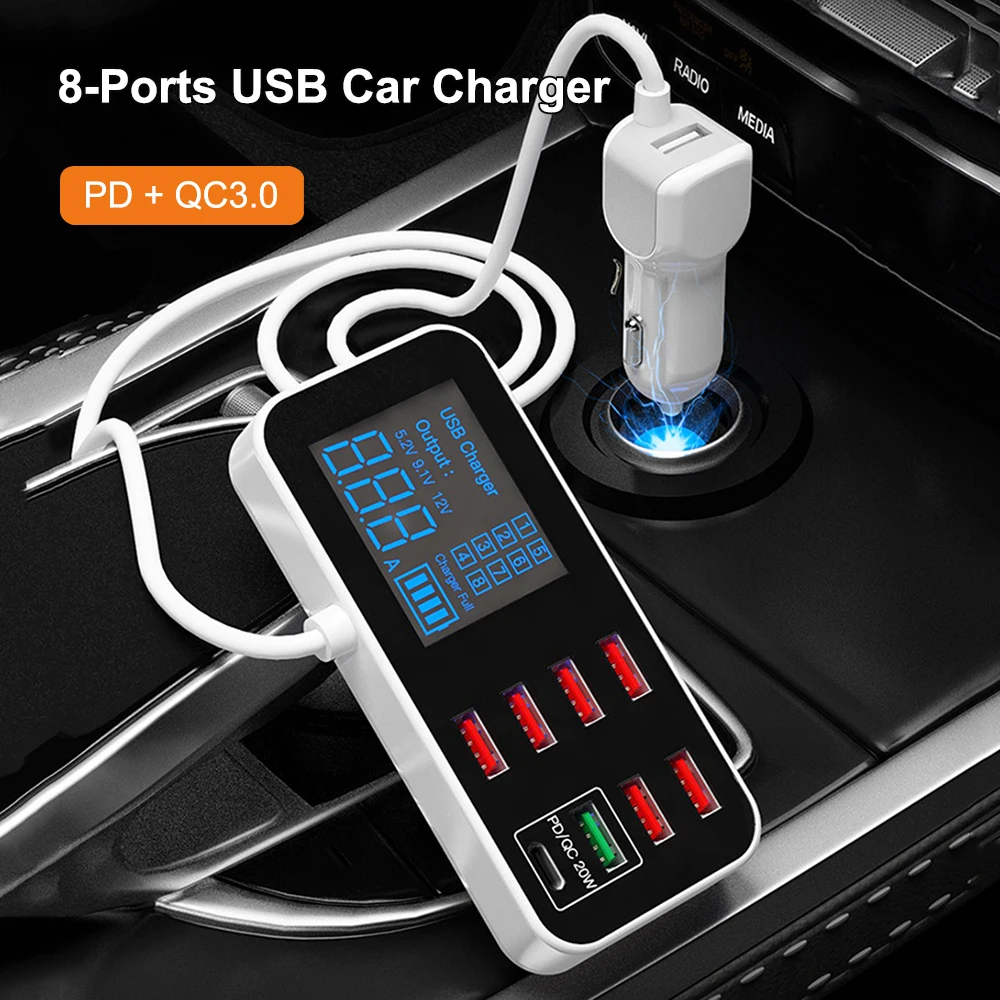 

8 Ports 40W USB Car Charger QC3.0 PD Fast Charging Car Cigarette Lighter Charging Station Mobile Phone Charger with LED Display