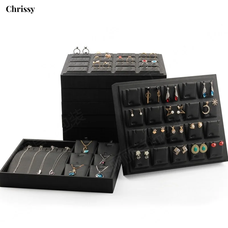 Luxulry Brown 12 Slot Jewelry Organizer Tray PU Cool Bracelet Necklace Show Tray Rings Pendant Display Stand