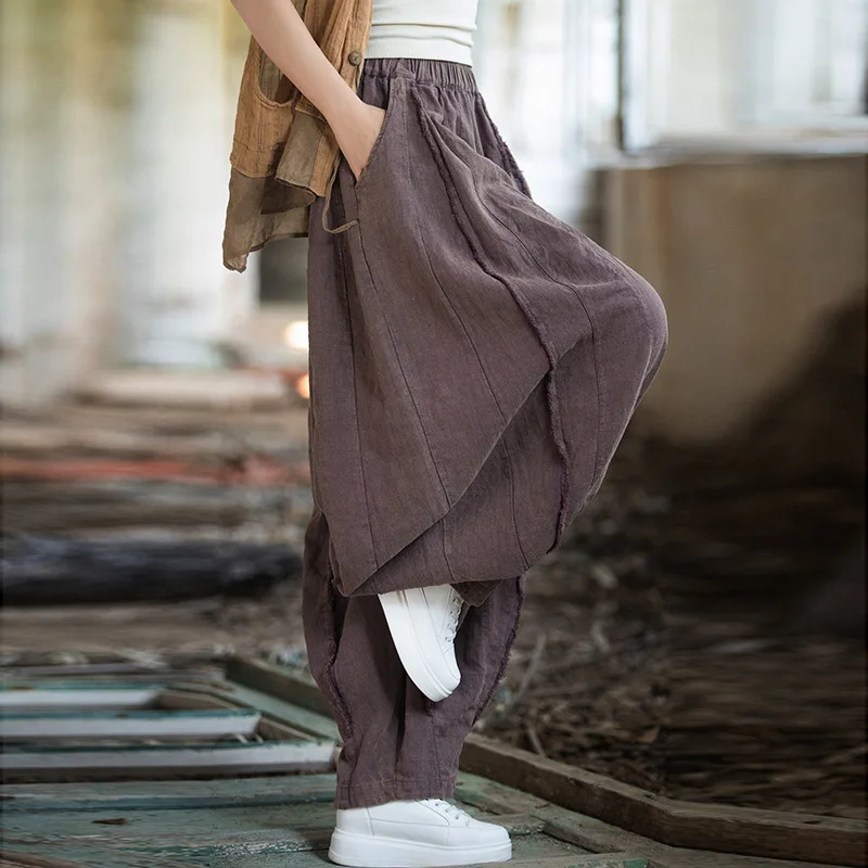 Elegant Women's Cotton Linen Baggy Cargo Pants Vintage Elastic Waist Yoga Trousers Loose Casual Long Wide Leg Oversize Clothes