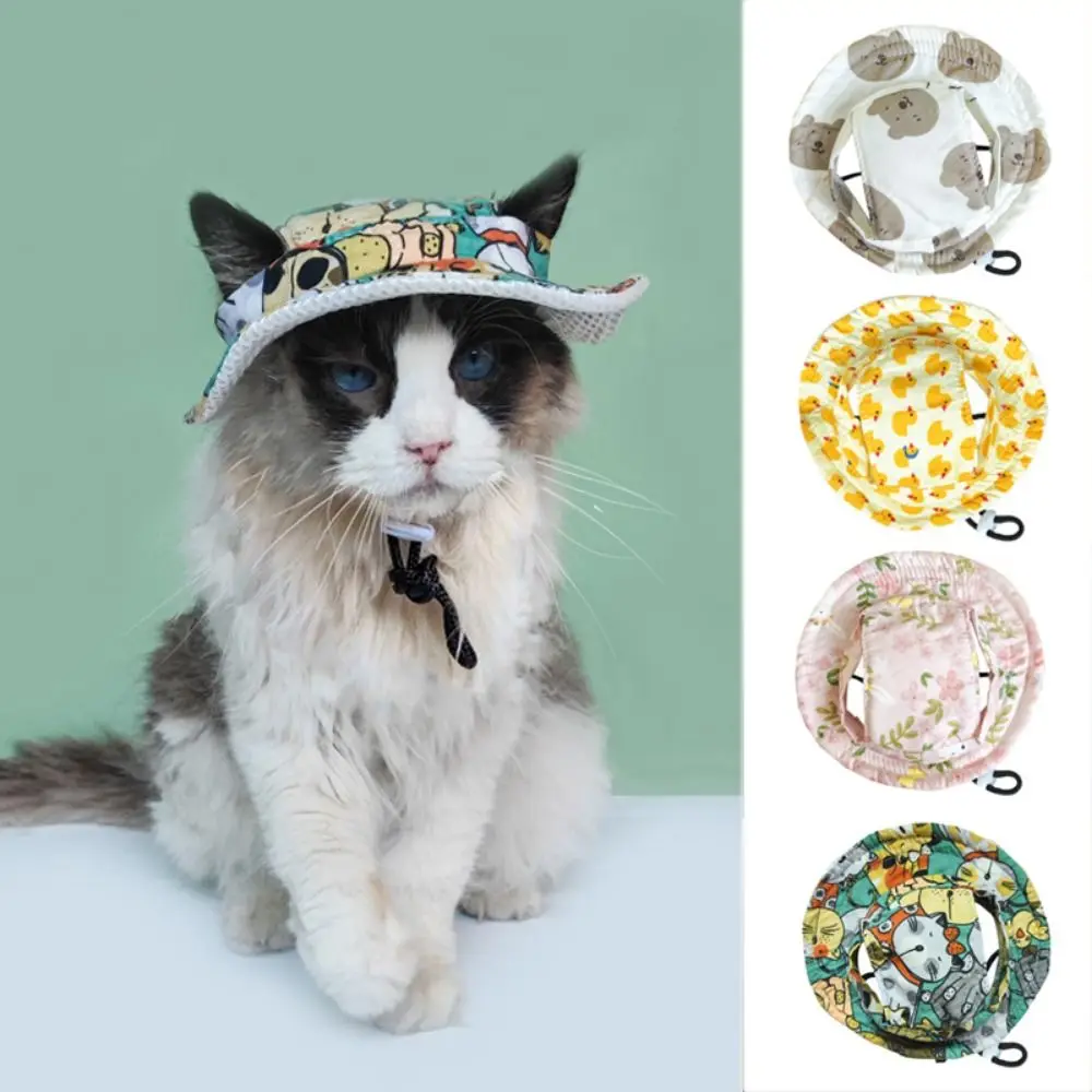 Cartoon Dog Fisherman Hat Breathable Adjustable Dog Sunshade Hats with Ear Holes Sun Protection Pet Sun Hat for Cats Dogs