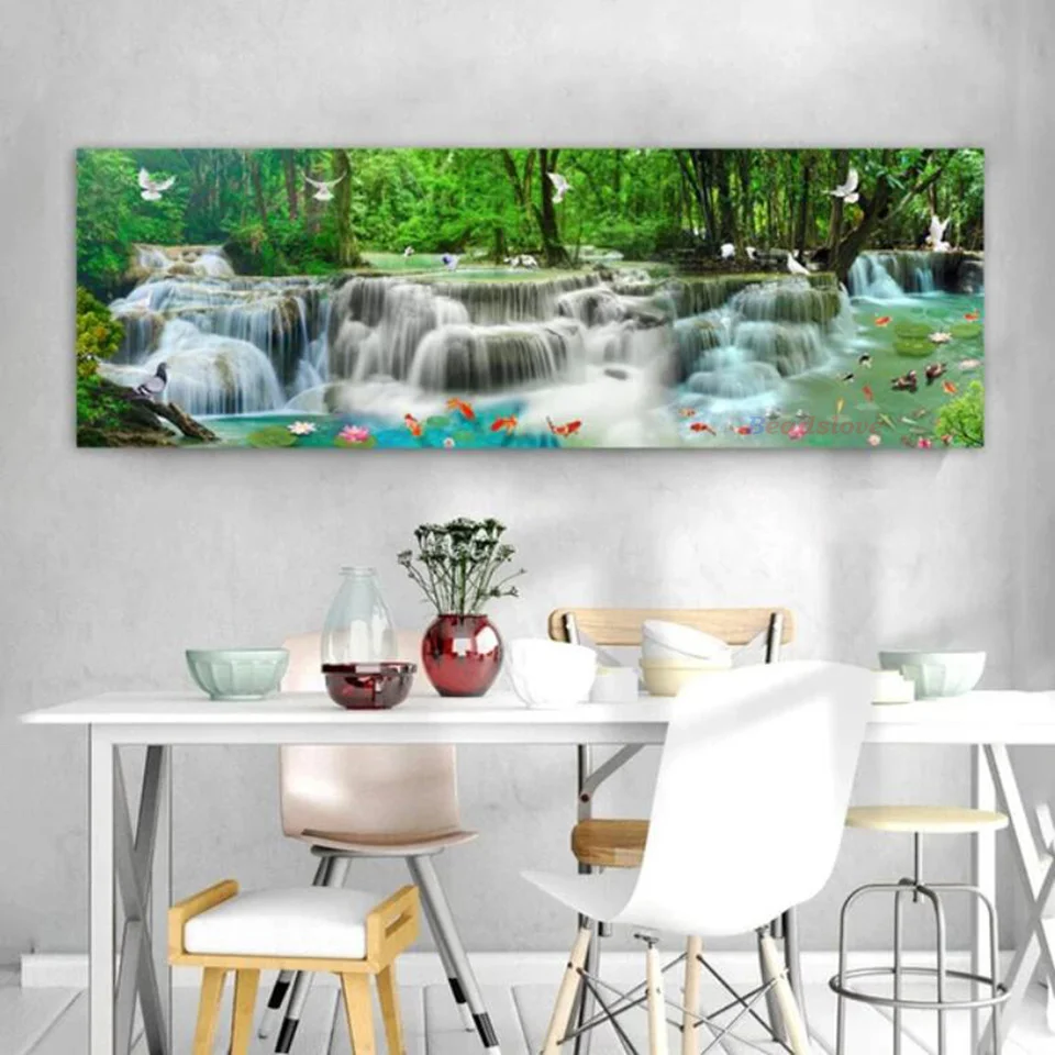 Large Size Lake Waterfall Landscape Diy Diamond Painting Full Diamond Mosaic Needlework Swan Fish 5D Diamond Embroidery W381