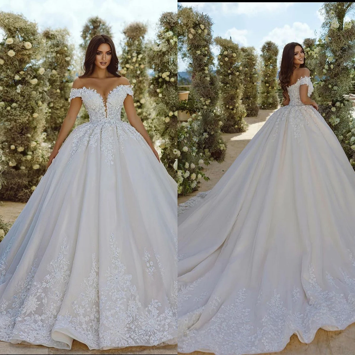 

Vintage A-Line Wedding Dress For Women Appliques Sequins Bridal Gown Off-Shoulder Skirt Sleeveless Sweep Train Backless Dresses