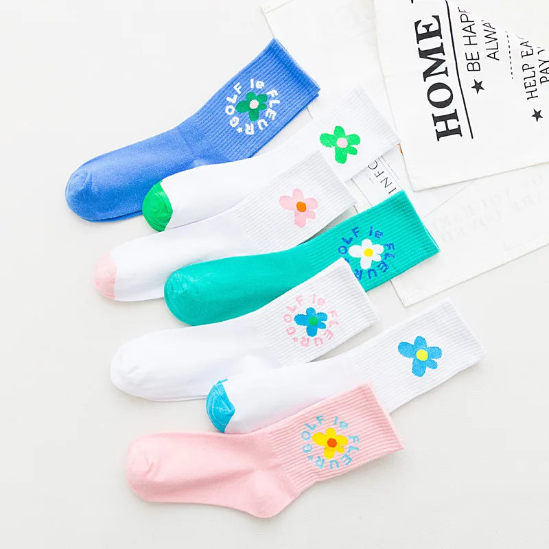 Ins Flowers Hyun Korean Version Pink Socks Women College Art Wind  Kawaii Socks Spring and Autumn for Female 7 Colors 178