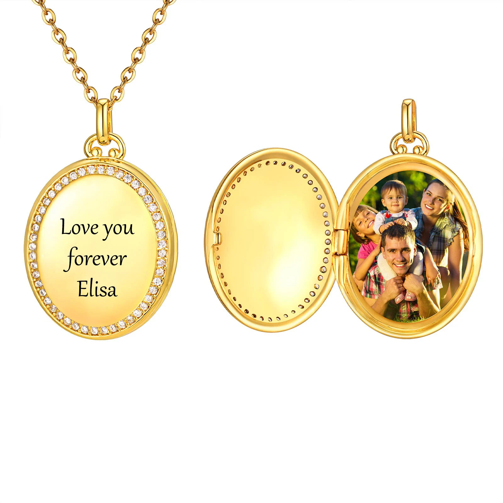 Vnox Custom Name Photo Frame Pendant Women Necklaces, CZ Stones Oval Shaped Image Picture Frame Lockets Necklaces Gift for Her