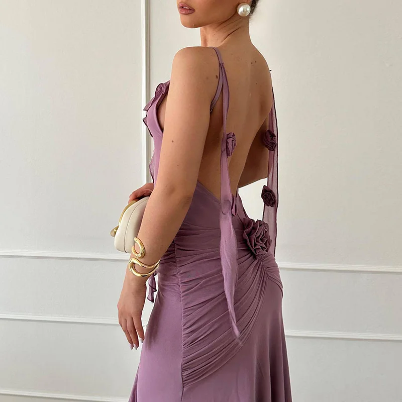 Purple Hollow Out Ribbon Evening Dress Elegant Low Cut Backless Ruffles Halter Dress Lady Wrap Hips Stereoscopic Floral Dresses