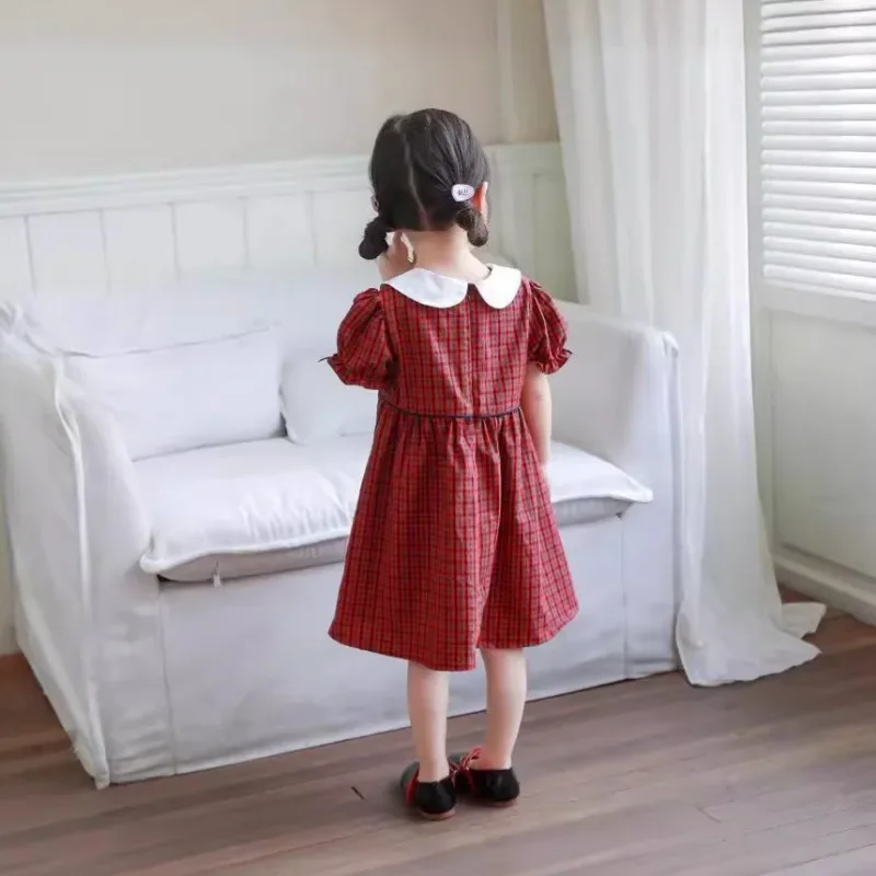 Summer Girls Casual Dresses Short Sleeved Plaid Skirt  Baby Girl Dress  Japanese Children\'s Skirts Robes Kids Dresses