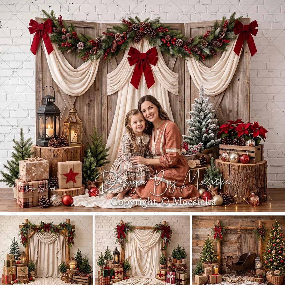 Mocsicka Rustikaler Weihnachts-Scheunentor-Hintergrund für Fotografie, Holzbrettwand, Girlande, Laterne, Winter-Hintergrund, Feiertags-Kinderfoto