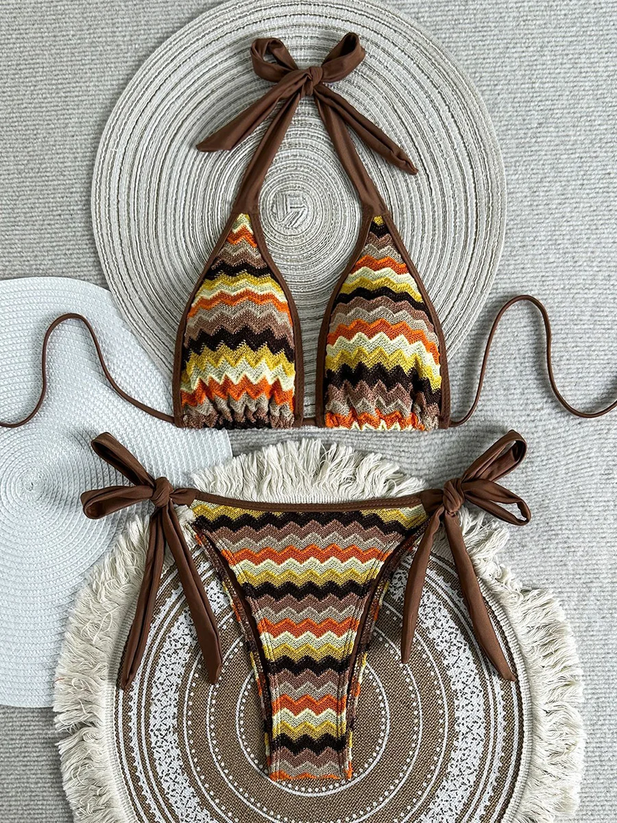 

Striped Halter Bikini Women Swimwear Female Swimsuit Two-pieces Bikini Set Padded High Cut Leg Bather Bathing Suit Swim Lady