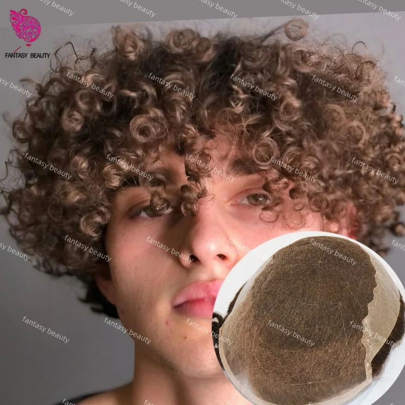 20 مللي متر الأفرو مجعد Q6 ذكر شعر مستعار تنفس الدانتيل السويسري و الترا بولي PU الجلد شعر مستعار 130% عالية الكثافة 100% شعر بشري حقيقي اصطناعي #1