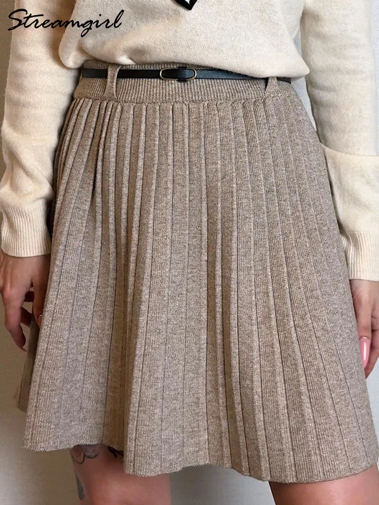 Spring Mini Skirts For Women Gray High Waist Pleated Skirts With Belt Elegant White A Line Big Swing Women's Skirt Short Knit