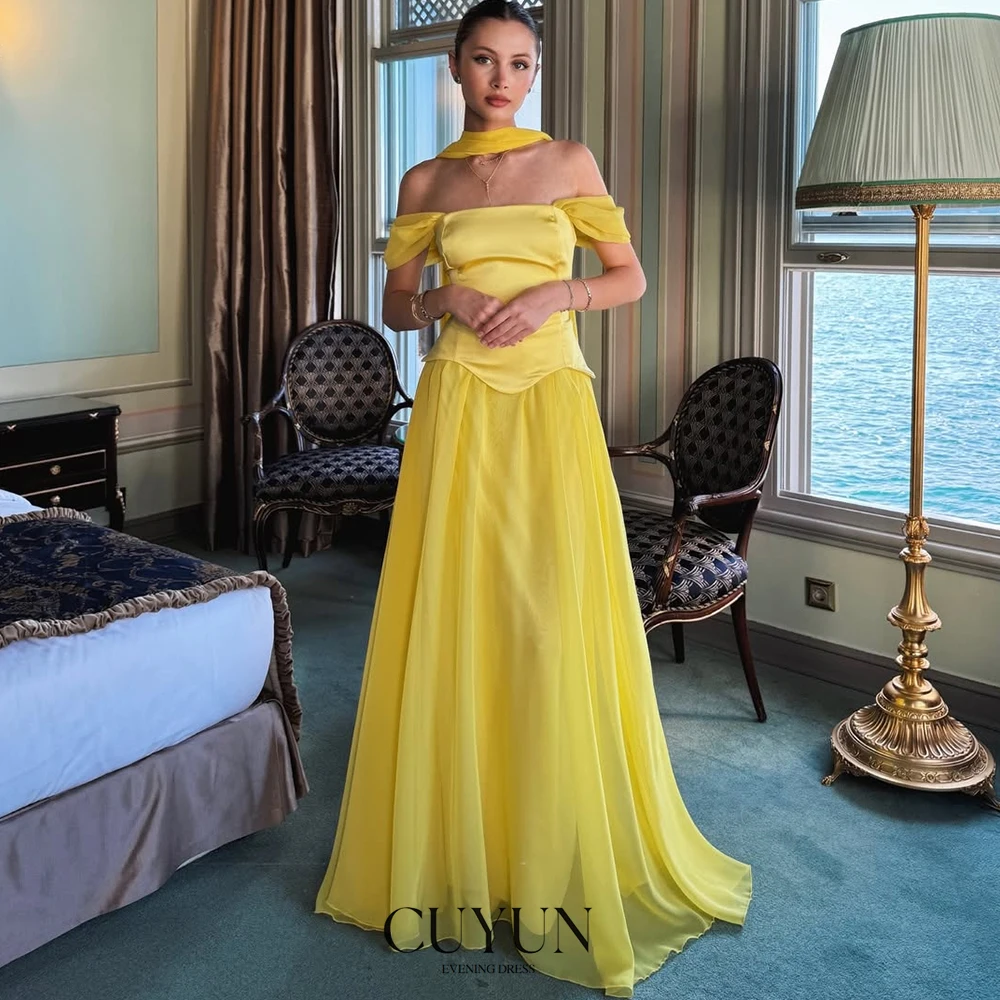 

CUYUN Off the Shoulder Chiffon Evening Dress Customized Summer Party Dress Elegant A Line Wedding Guest Dresses Women