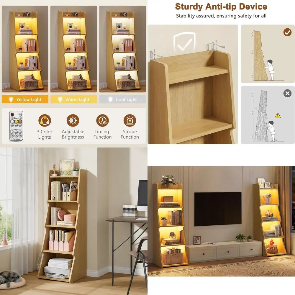 

Открытый книжный шкаф с 5 полками и светодиодной подсветкой, современный деревянный органайзер для дома, офиса и гостиных, отделка под желтый дуб