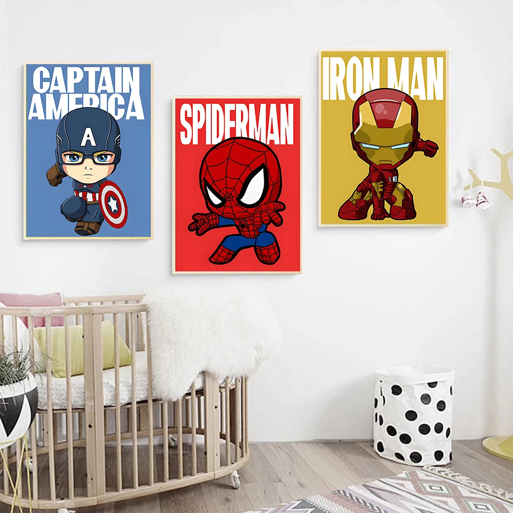 MINISO Cartoon Marvel Superhero Poster SpiderMan Iron Man The Avengers Wall Art Poster HD Canvas Printing kids Room Home Decor