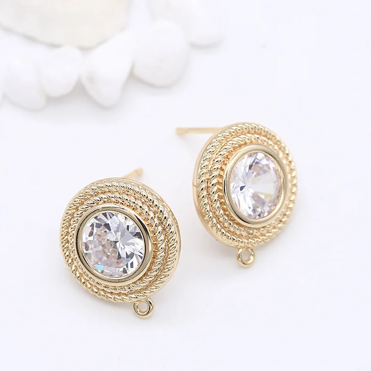 15*17MM 14K Gold Color Plated Brass and Zircon Round Stud Earrings Sterling Silver Pins Jewelry Making Accessories