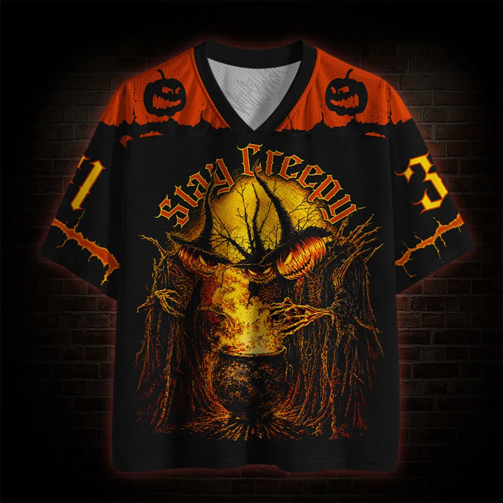 Halloween Limited V-neck Short Sleeved Shirt, Horror Night Pumpkin Head Short Sleeved Shirt,Trendy Sportswear,Full Print T-shirt