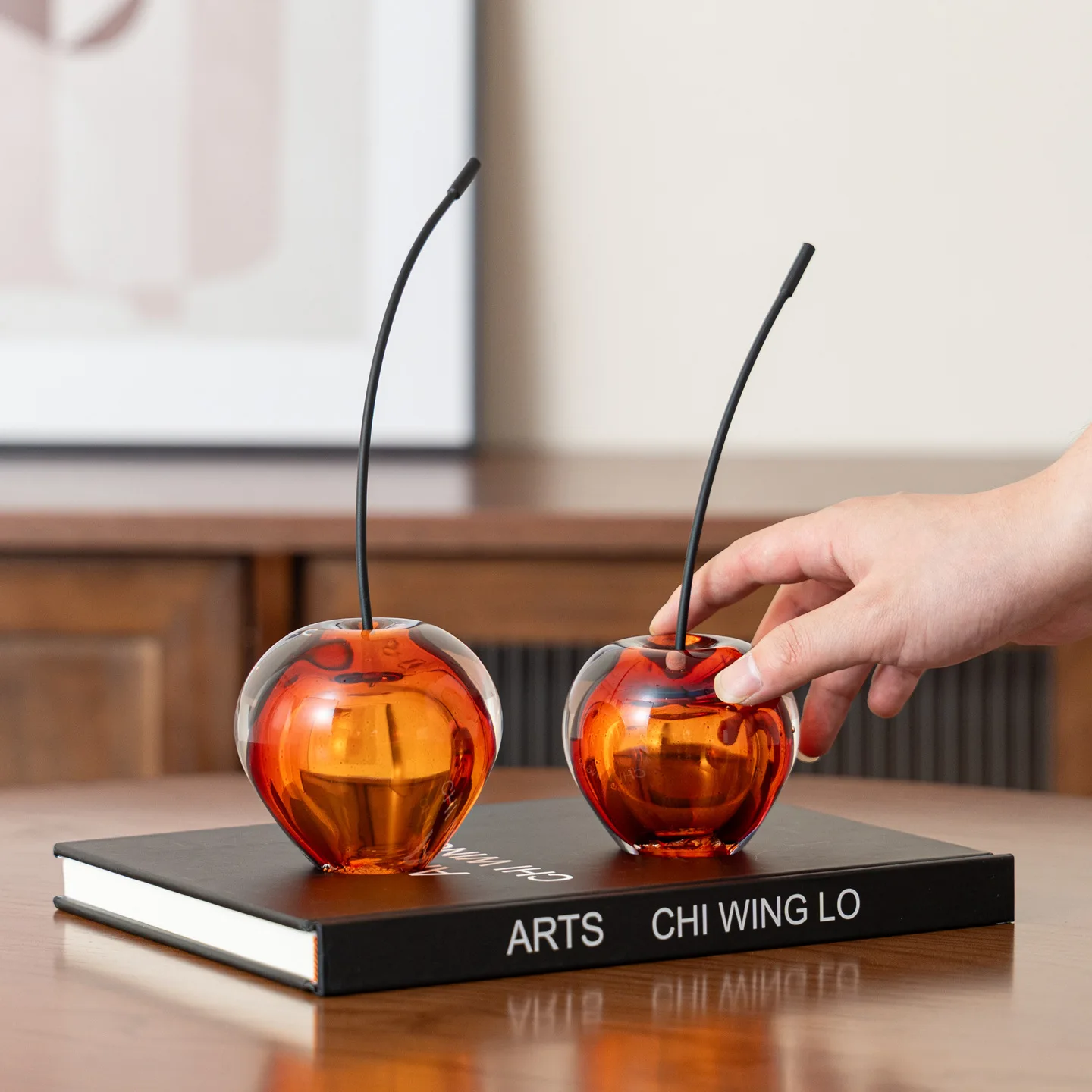 Glass Cherry Figurine Transparent Fruit Sculpture Realistic Cherry Decorative Figurines Home Decoration Accessories
