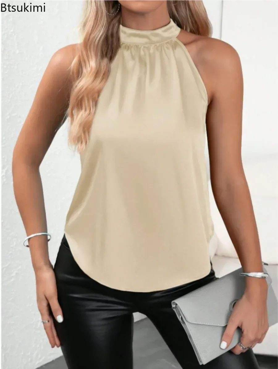 

2025 Women's Sexy Tanks Top Camis Hanging Neck Strap Design Satin Gloss Sleeveless Blouses Blusas Mujer Solid Sexy Shirt Tees