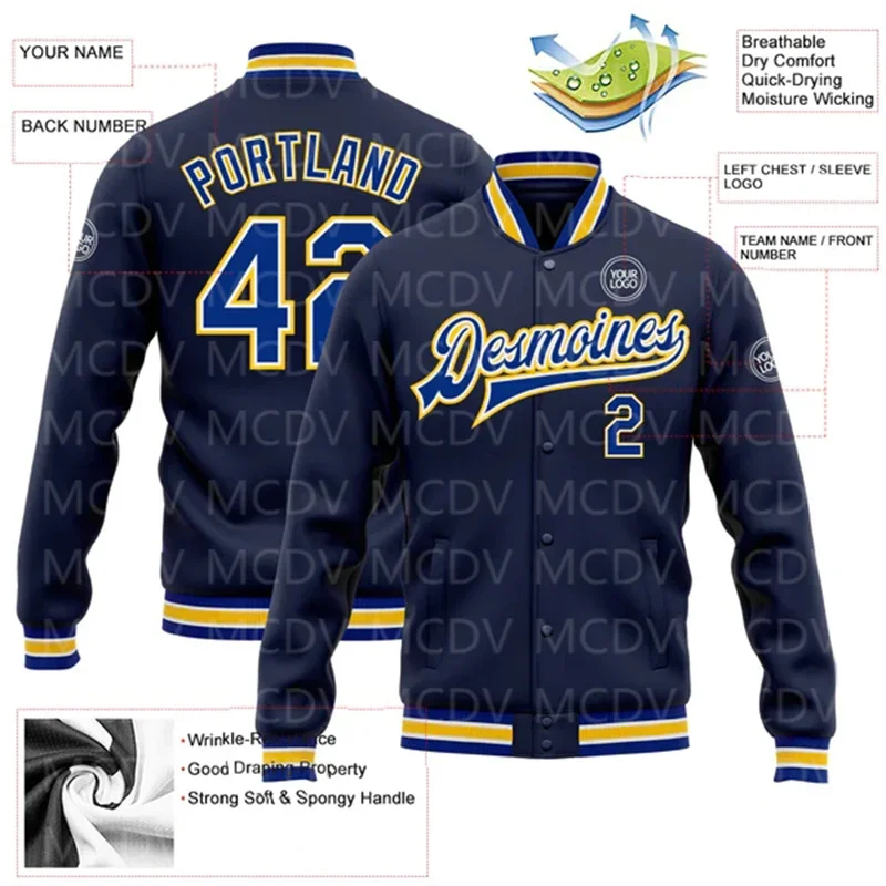 Custom Navy Royal-Yellow Bomber Full-Snap Varsity Letterman Jacket