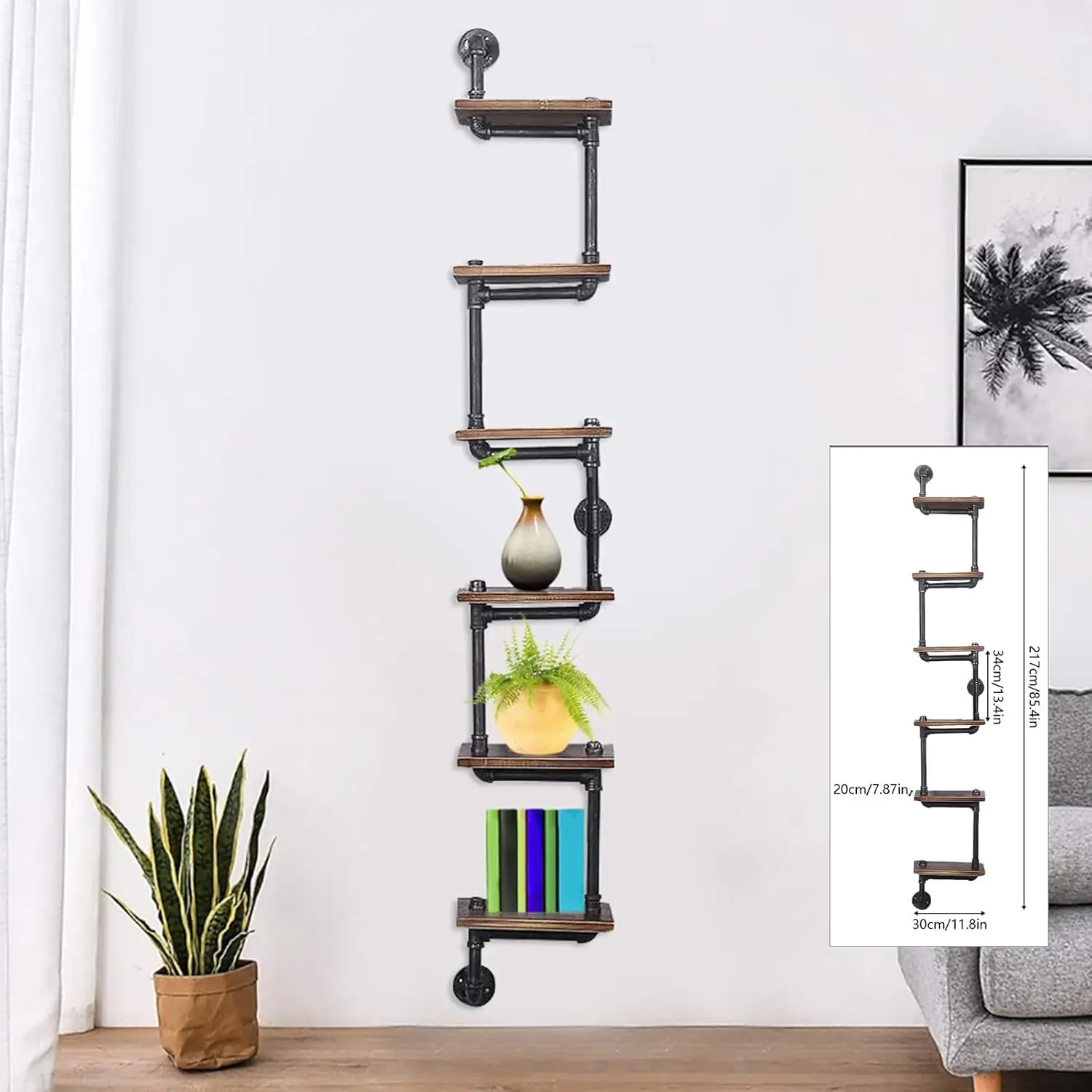 

6-Tier Industrial Pipe Shelving, Floating Shelves for Wall, Wall Mount Iron Pipe Shelves for Living Room, Bedroom, Office