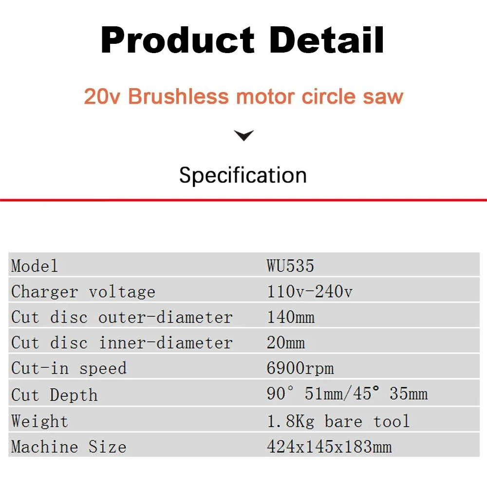 Worx WU535 Wiredless Circular Saw Rechargeable Brushless 6900rpm 140x20mm Depth51/35mm 45/90Degree Universal 20v Green Battery