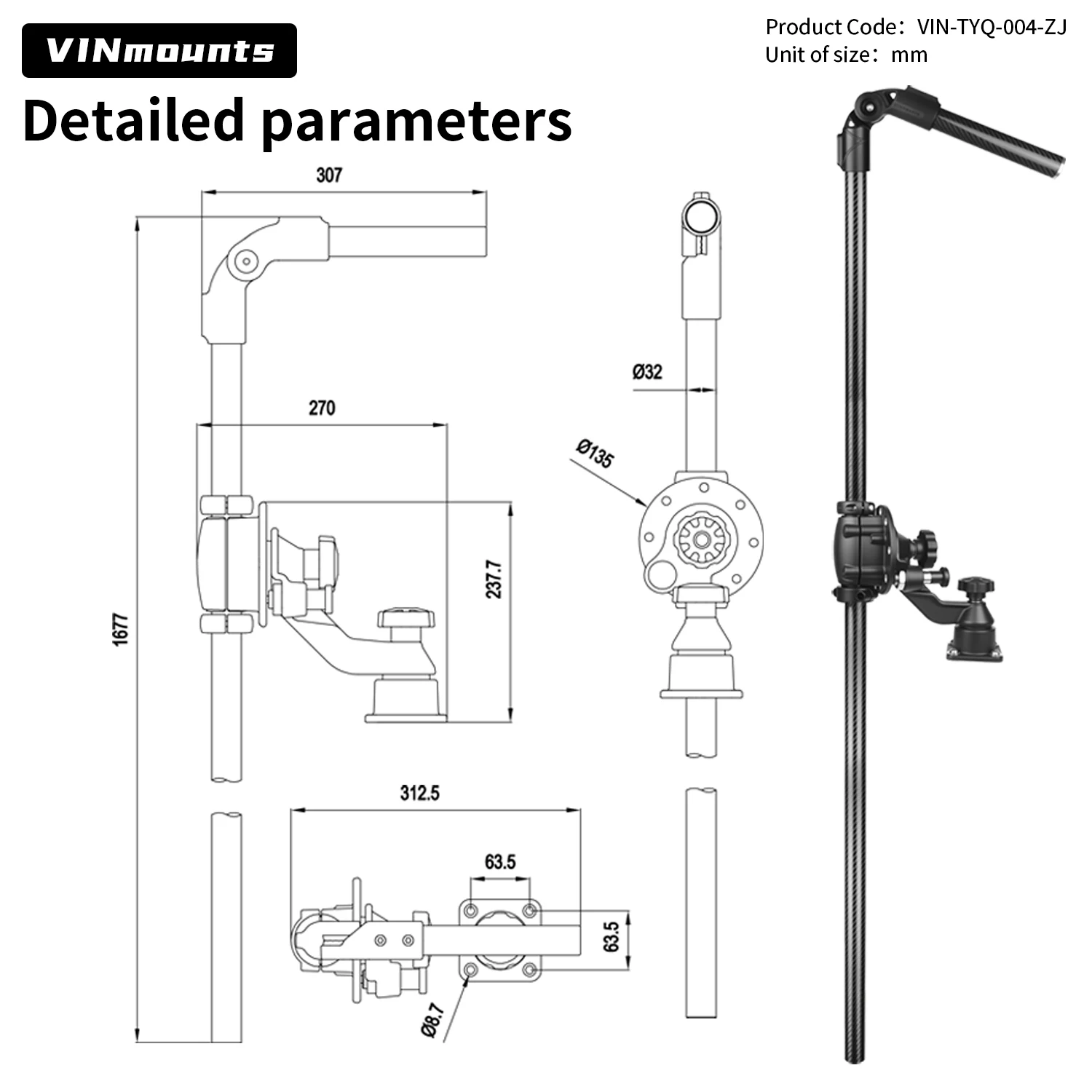 

VIN mounts Carbon Fiber Fish Finder Pole Mount 1677mm 360° Rotation 32mm Diameter Screw Install Anti-Corrosion UV Protection
