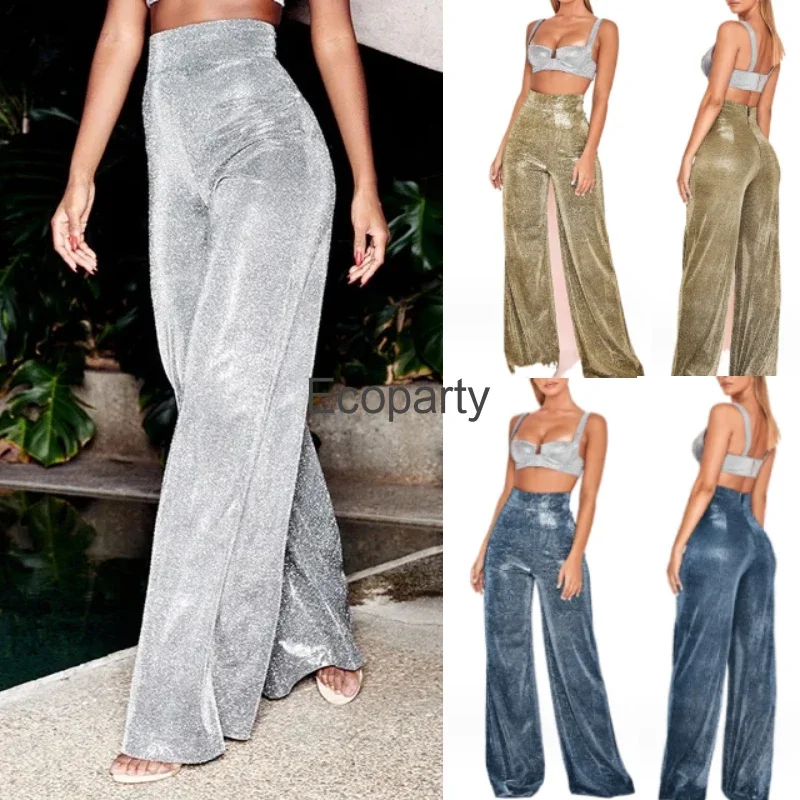 

2024 High Waisted Glitter Pants Fall Winter Outfit Women Fashion Silver Sparkly Flare Sequined Trousers Party Night Clubwear