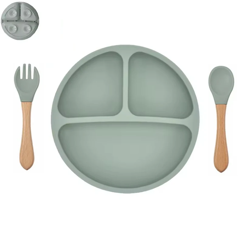 3PCS Baby Silicone Feeding Tableware Set Children Silicone Dinner Plate Wood Handle Spoon Fork BPA Free Baby Training Tableware
