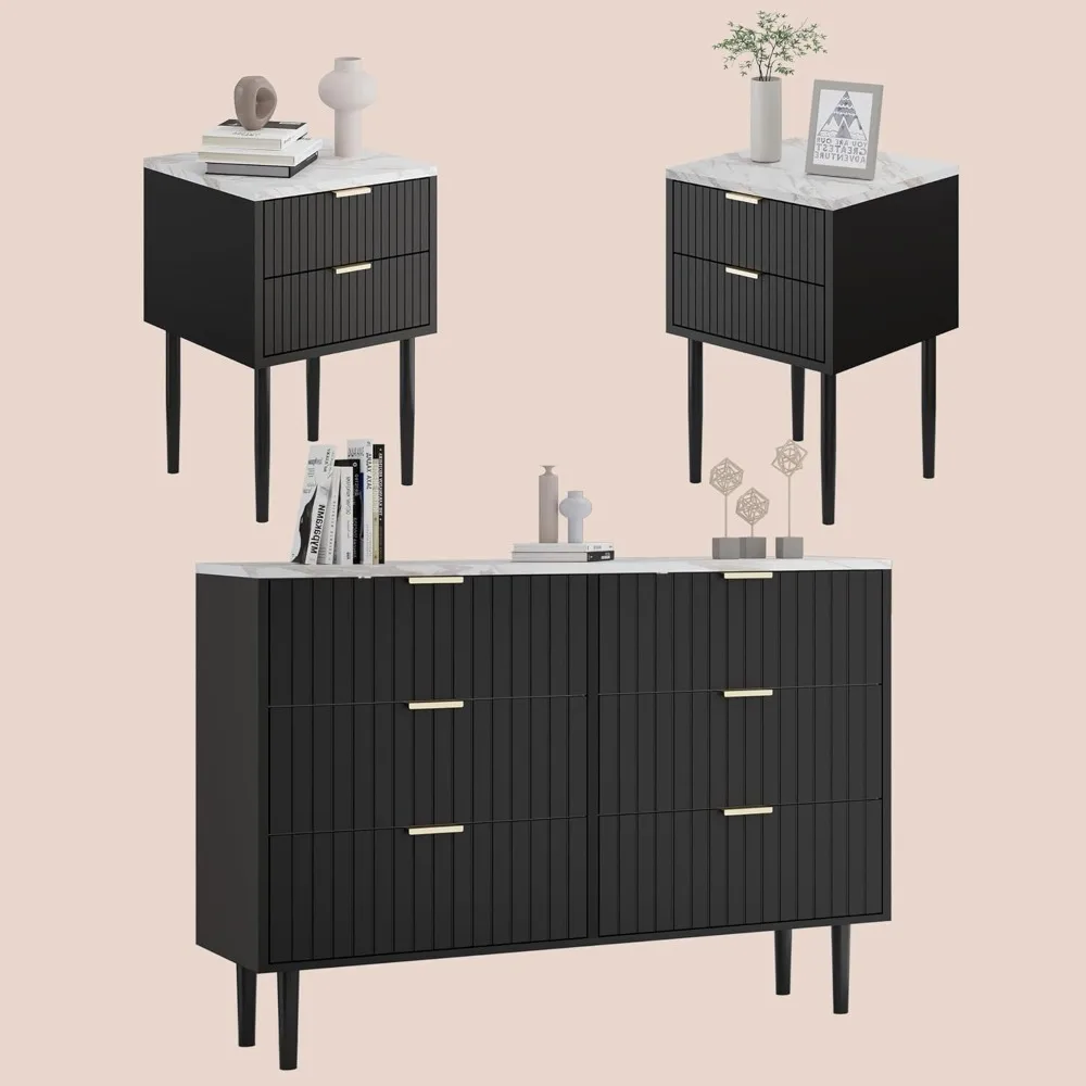 

3-Piece Bedroom Furniture Set: Modern 6-Drawer Dresser and 2-Drawer Nightstands