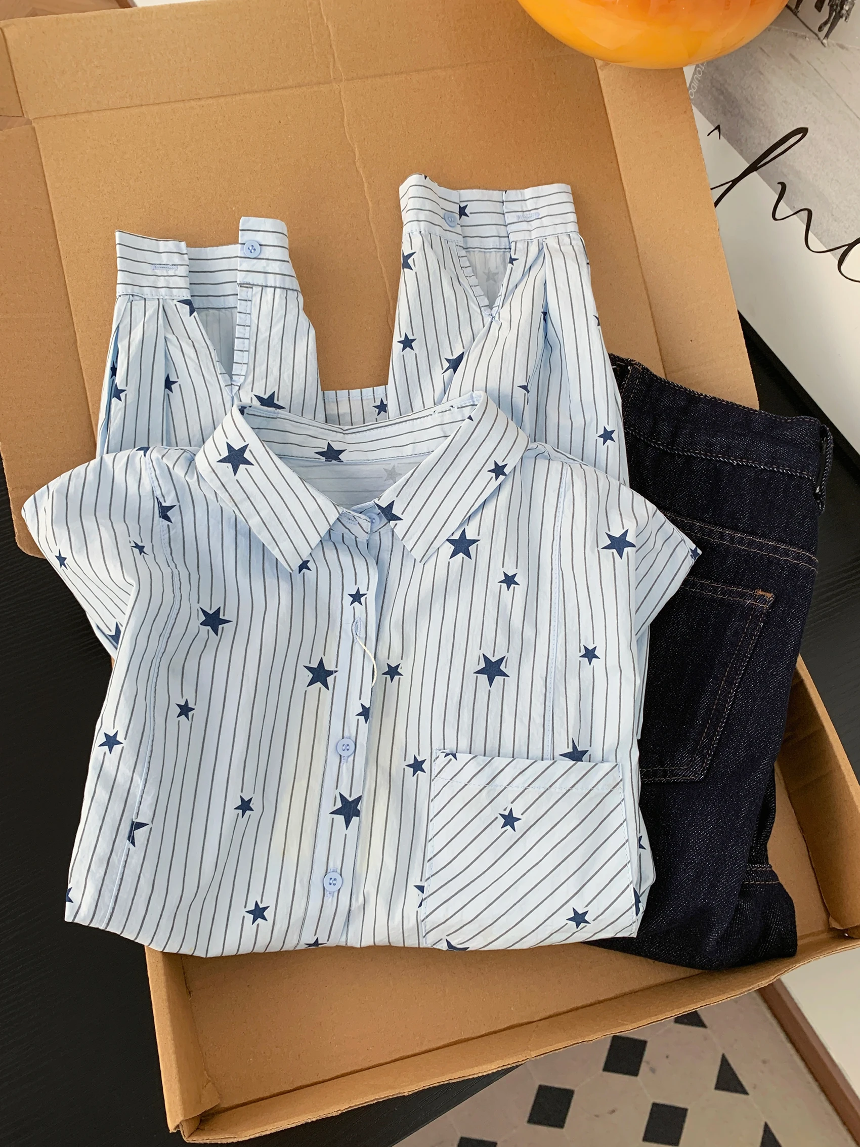 

Blue Striped Star Print Long Sve Women's irt Casual Loose Cotton Top Spring Autumn Versatile Layering Trendy Outerwear