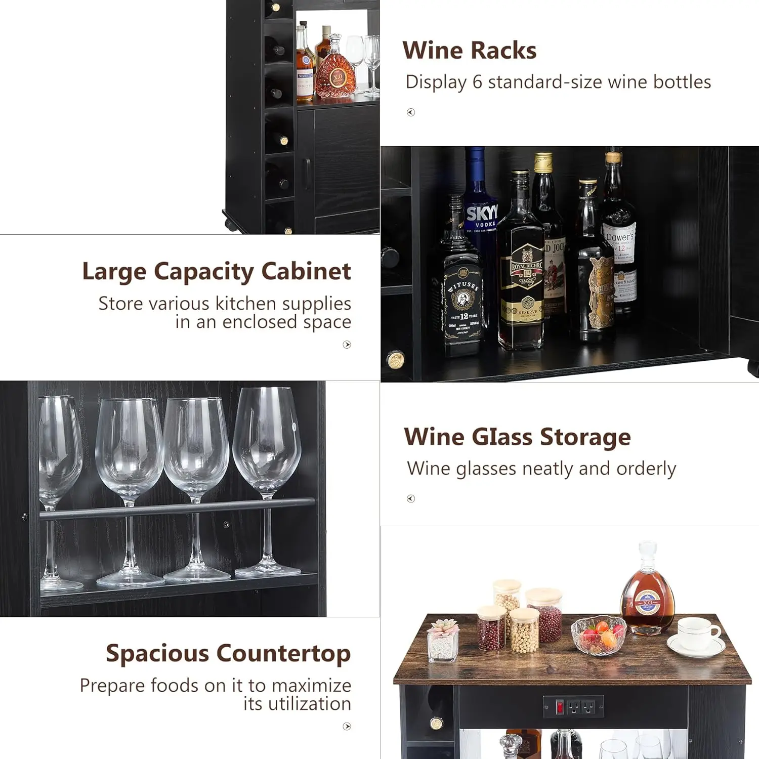 Vecelo Rolling Kitchen Island Cart With Large Storage, Microwave Stand, Open Shelves, Wine Rack, Power Outlet, Bar Cabinet For