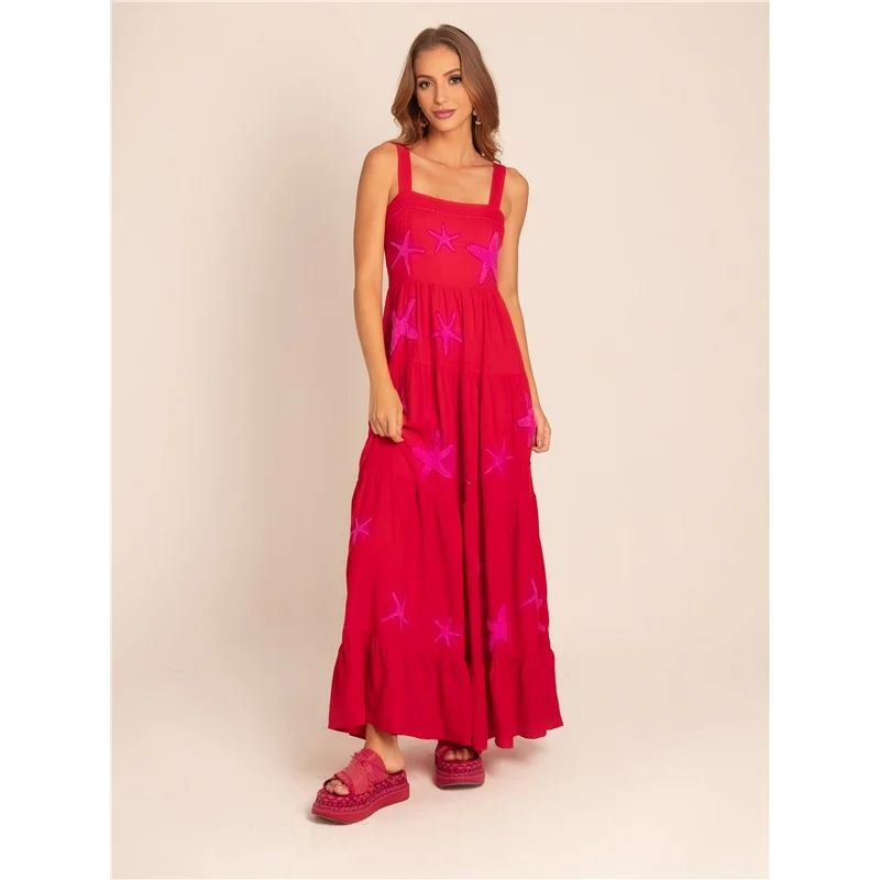AOAO-Vestito lungo ricamato da donna senza maniche smock fluido prendisole Boho Abiti lunghi estivi Vocazione sulla spiaggia