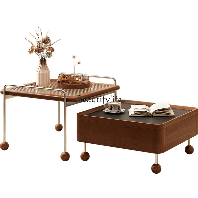 

Living Room Home Solid Wood Stone Plate Tea Table Storage Retractable Tea Table