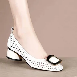 Shoes for Woman 2024 Office Square Toe Women's Summer Footwear with Medium Heels Normal Leather Casual White Sandals on Sale A E