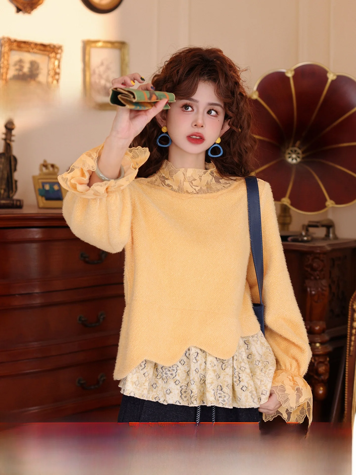 

Long Sve Knitted Sweater Women's Loose Fit Versatile Inner Wear Top Chen Jiajie Wheat Spike Design Polyester Fiber Blend