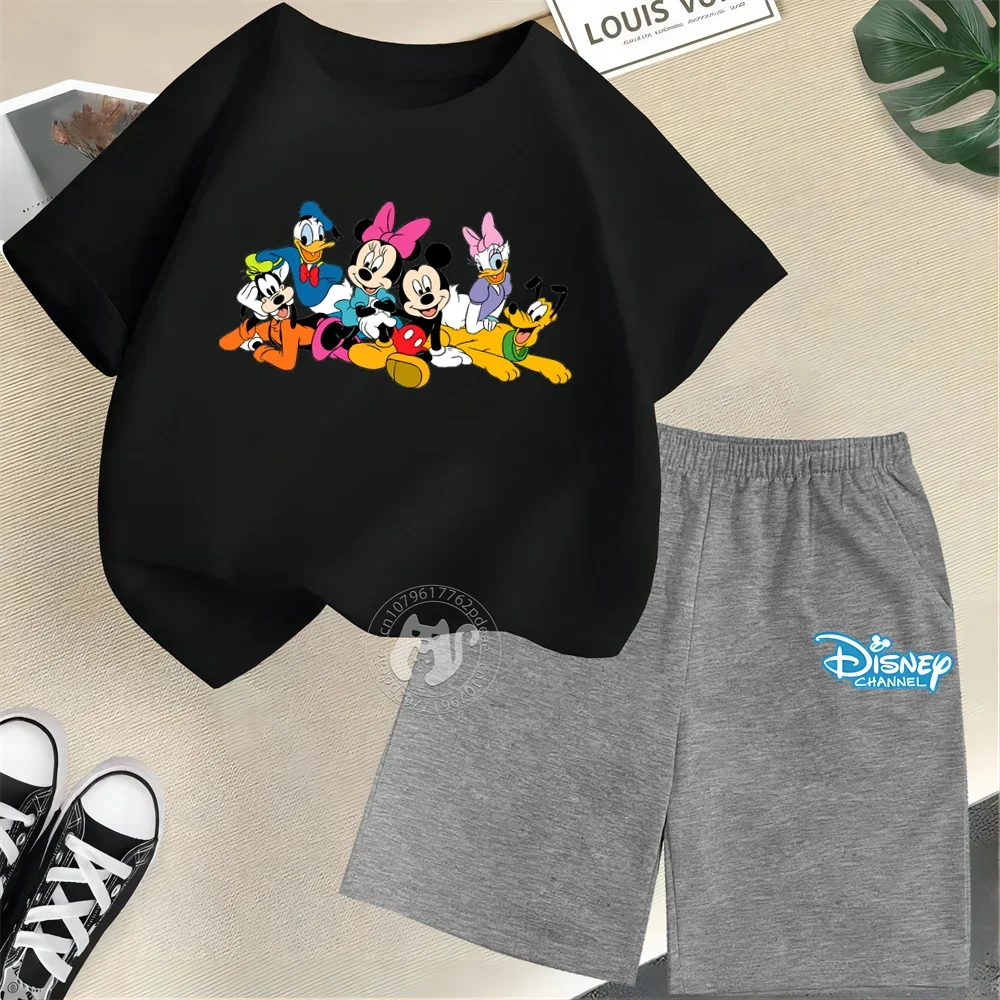 

Disney Teen Mickey Mouse Donald Duck Print 100% cotton Kids crewneck T-shirt + Shorts Boys Girls Summer short sleeve set