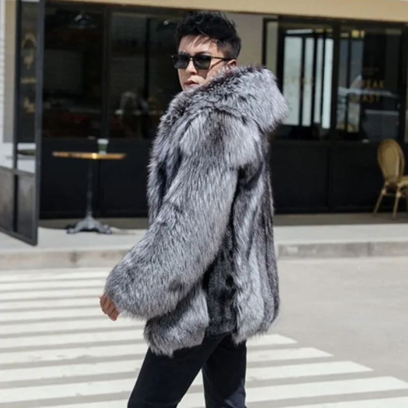 Men Jacket Winter Warm Hooded Fur Men Mink Fur One Piece Coat Silver Fox Fur Coat