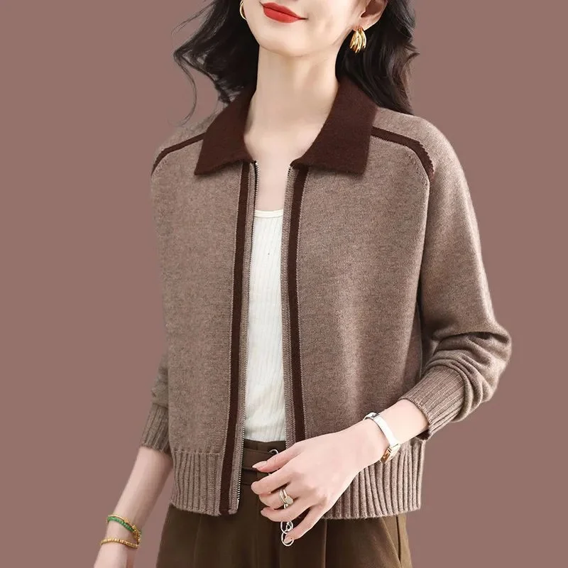 

Women Jackets Blend Wool Coat Spring And Autumn New Cardigan Double Zipper Knitted Jacket Top Short Fashion Lapel Sweater Khaki