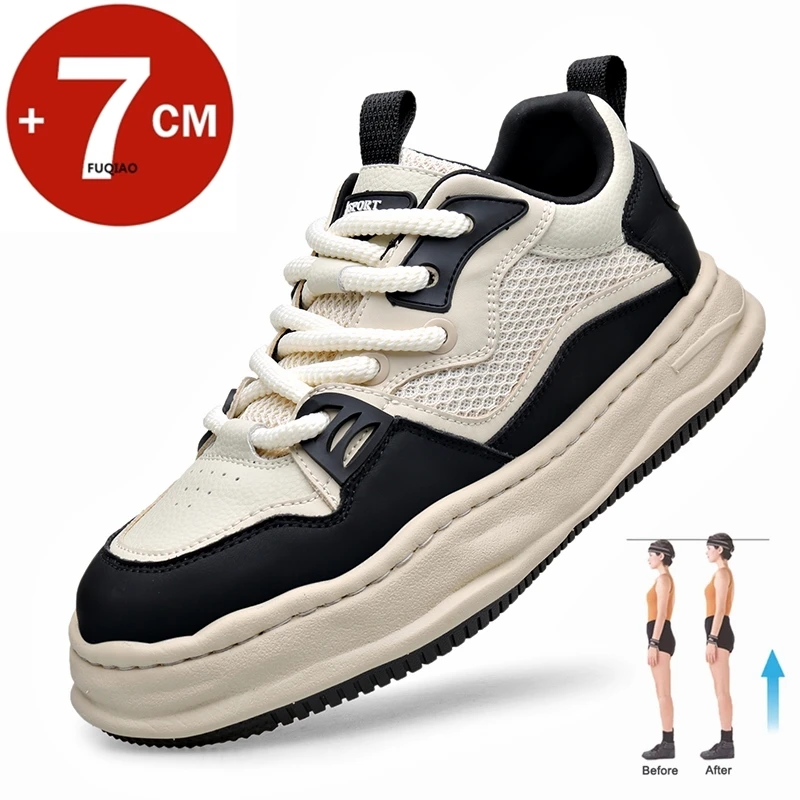 Mesh+Cowhide 7CM Men Elevator Shoes Platform Sneakers Fashion Casual Lightweight Comfortable Breathable Height Increasing Sports