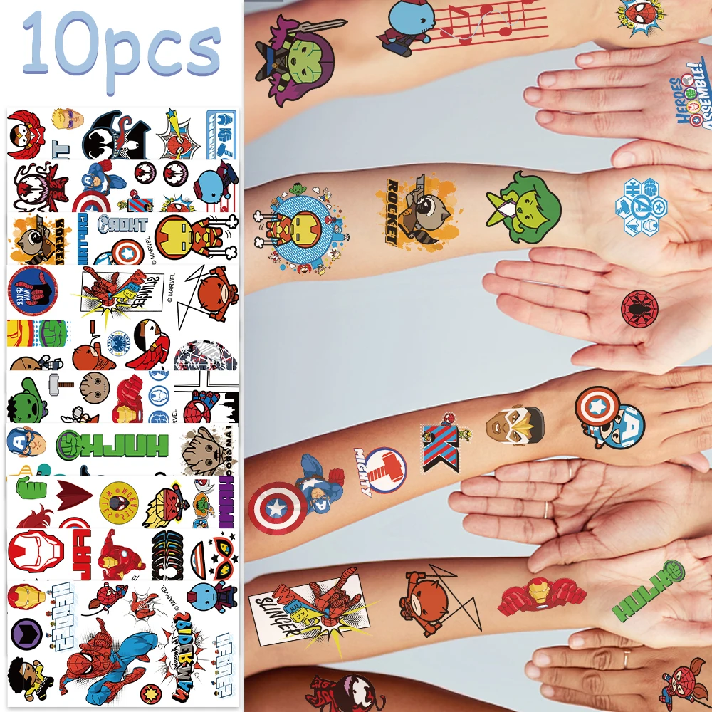 10 قطع من ملصقات الوشم المؤقت الأعجوبة أنيمي الرجل العنكبوت الرجل الحديدي الكرتونية ملصق وشم للأطفال هدايا حفلات أعياد الميلاد فن الجسم