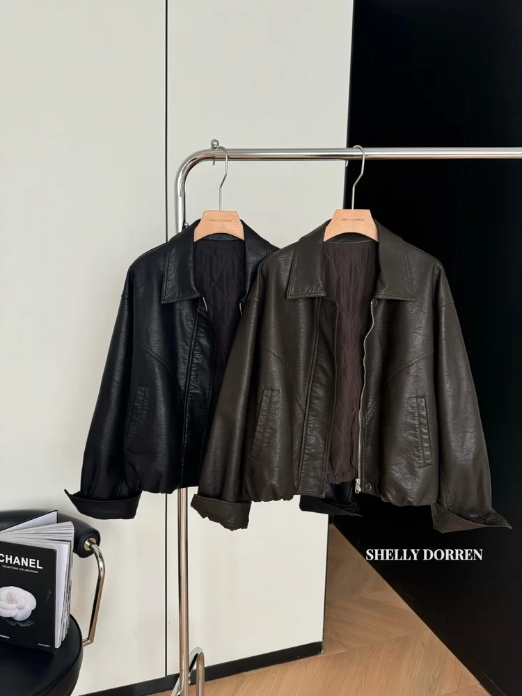 Jaqueta Feminina de Couro Sintético para Outono/Inverno com Zíper, Algodão Quente e Grosso, Estilo Casual Retrô, Jaqueta Preta com Gola de Aba Quente