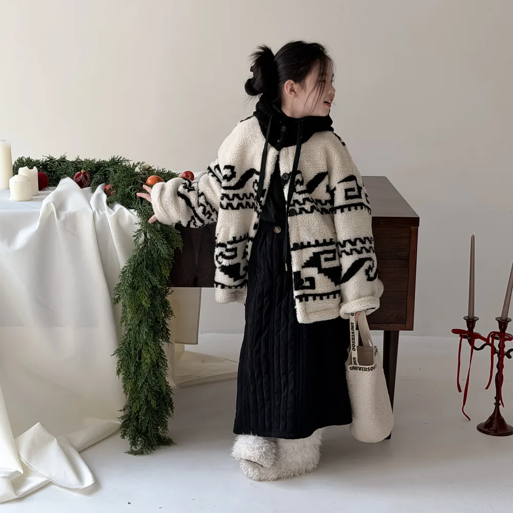 Children Girls Fur Coat Winter Korean Kids Girls Lamb Fleece Thicken Padded Coat Hooded Warm Little Girls Jackets Jacquard Parka