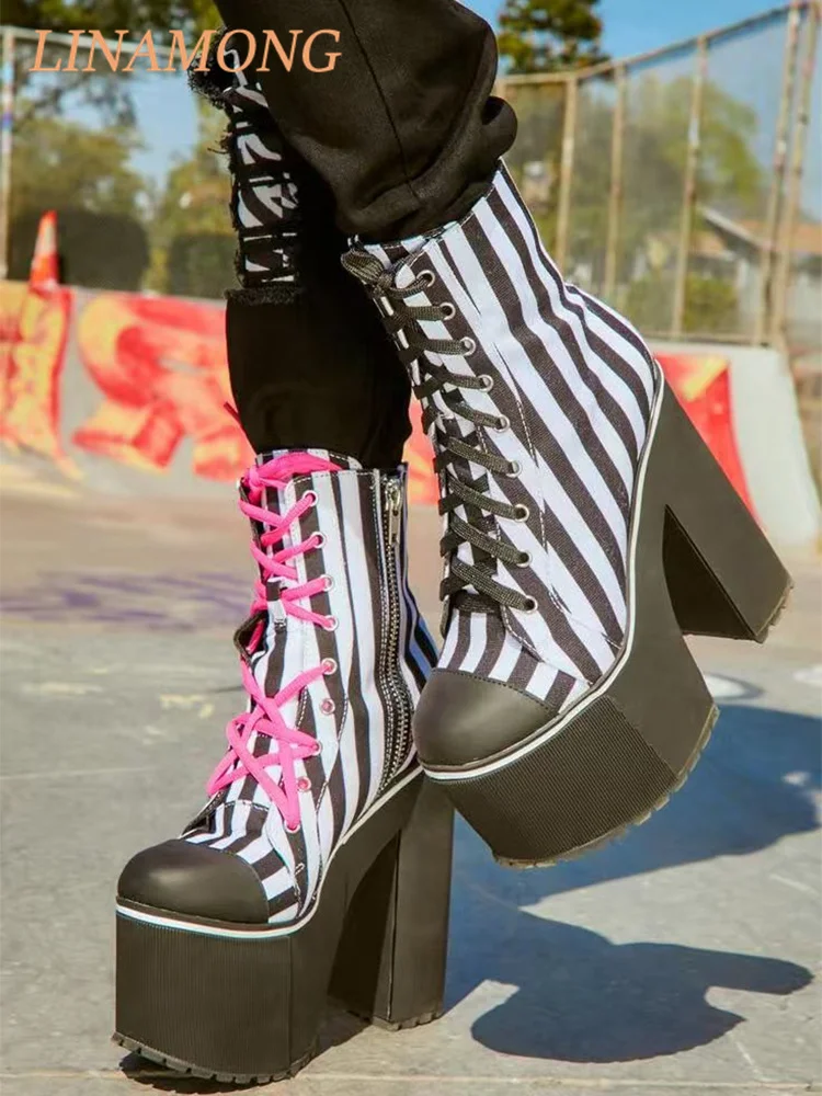 

Black and White Striped Thick Heel Short Boots Fashionable Lace Up Thick Sole Platform Color Blocked High Heels