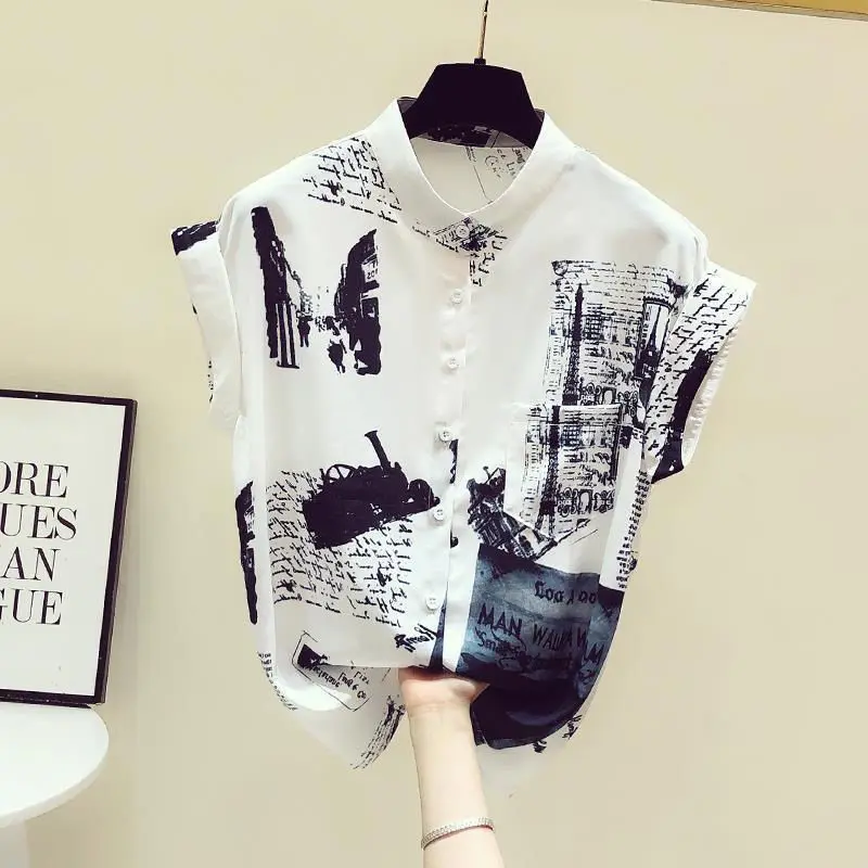 

Women's Chiffon irt ort Sve Loose Sweet Stand Collar Floral Design Summer New Sle Faionable Top Korean Sle